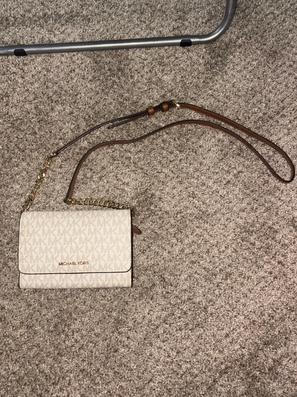 Michael Kors Cream and Brown MK Signature Crossbody Bag
